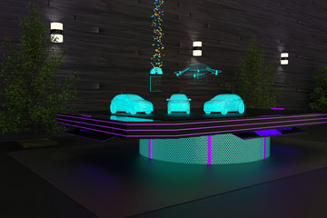 3D illustration of a diorama table with autonomous shipping, self-driving cars and a delivery drone using 5G network