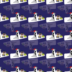 Cute winter pattern background with snowmen , penguins with santa hats and colorful presents on a dark blue background.
