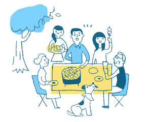 バーベキューを楽しむ家族　ブルー