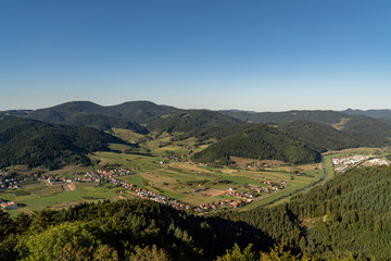 Fototapeta premium Aerial view of the Kinzig valley at Fischerbach and Hausach in the Black Forest, Germany