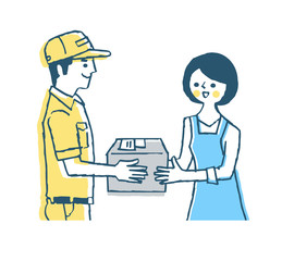 宅配業者と荷物を受け取る女性　ブルー