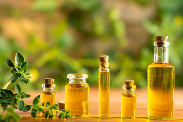 Essential plant oils background with a spring of oregano and other fresh plants