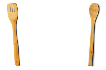 Wooden spoon and fork. Isolated on white background. Top view.