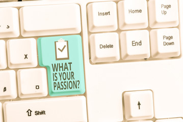 Handwriting text writing What Is Your Passion Question. Conceptual photo asking about his strong and barely controllable emotion White pc keyboard with empty note paper above white background key copy