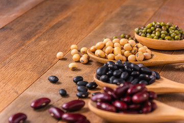 close-up of soy bean in wooden spoon, various types of natural beans, red, black, green and soy on wooden table