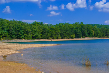 A beautiful scene of a lake surrounded by trees in the American countryside. The photo was taken in Georgia and shows how stunning the scenery is there
