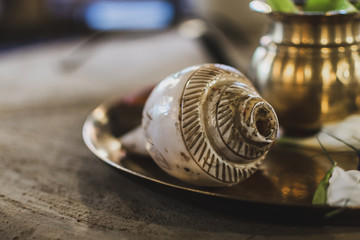 Conch Shell with selective focus on a decorative puja thali. - obrazy, fototapety, plakaty