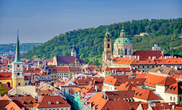 The rooftops along the Vltava River in Prague, Czech Republic.