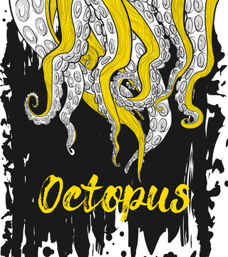 Tentacles an Octopus colorful vector illustration in cartoons style on white background with black grunge texture. Art of Krakens or squids palpus for banners, wallpaper, marketing presentation