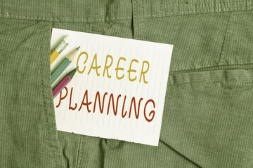 Word writing text Career Planning. Business photo showcasing Strategically plan your career goals and work success Writing equipment and white note paper inside pocket of man work trousers