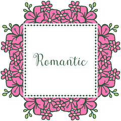 Card romantic with abstract pink wreath frame and green leaves. Vector