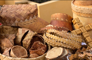 Wickerwork made ofbirch bark for various purposes at an exhibition and sale to the public