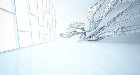Drawing abstract architectural white interior of a minimalist house with large windows. 3D illustration and rendering.