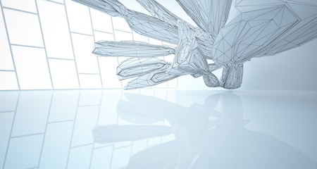 Drawing abstract architectural white interior of a minimalist house with large windows. 3D illustration and rendering.