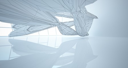 Drawing abstract architectural white interior of a minimalist house with large windows. 3D illustration and rendering.