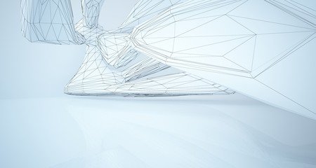 Drawing abstract architectural white interior of a minimalist house with large windows. 3D illustration and rendering.