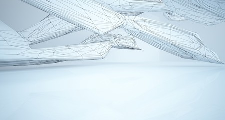 Drawing abstract architectural white interior of a minimalist house with large windows. 3D illustration and rendering.