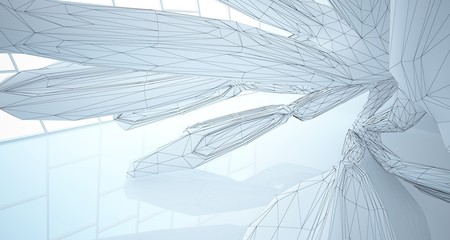 Drawing abstract architectural white interior of a minimalist house with large windows. 3D illustration and rendering.