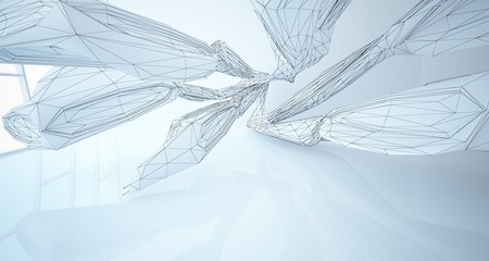 Drawing abstract architectural white interior of a minimalist house with large windows. 3D illustration and rendering.