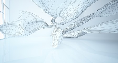 Drawing abstract architectural white interior of a minimalist house with large windows. 3D illustration and rendering.