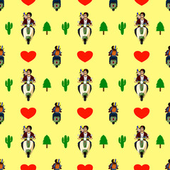 Pattern,  lovers riding a motorcycle and having a heart and a yellow background.