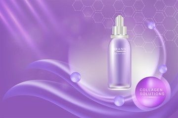 Beauty product ad design, purple cosmetic container with collagen solution advertising background ready to use, luxury skin care banner, illustration vector.