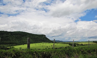 Sunny rural landscape with green pastures and mountains covered in forest, under a clear blue sky...