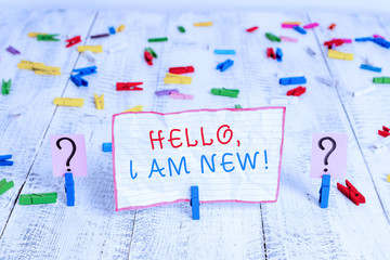 Handwriting text writing Hello I Am New. Conceptual photo introducing oneself in a group as fresh worker or student Scribbled and crumbling sheet with paper clips placed on the wooden table