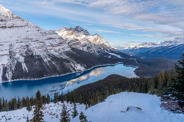 Peyto Lake in winter with snow in Banff National Park, Canada