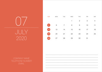 July 2020 desk calendar vector illustration