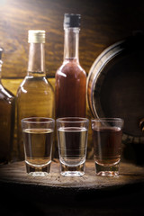 Bottle of Cachaça, drips, cane or sugar cane is the name given to brandy produced in Brazil. Bottle of typical Brazilian drink for export. Vintage drink still