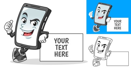Smartphone Leaning on Empty Board Cartoon Character Mascot Illustration, Including Flat and Black and White Designs, Vector Illustration, in Isolated White Background.