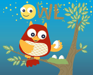 Owl and its eggs in the tree at night with smiling full moon, vector cartoon illustration