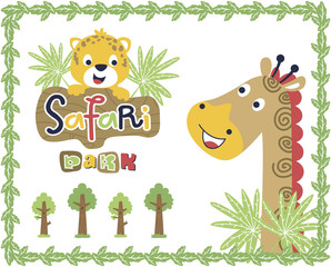 Animals safari cartoon vector, giraffe with little cat in leaves frame