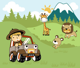 Little boy on funny car in the safari park with friendly animals, vector cartoon illustration