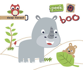 funny rhino with little friends, vector cartoon illustration