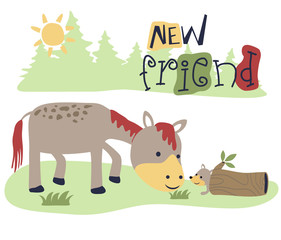 Obraz na płótnie Canvas horse and squirrel in jungle, vector cartoon illustration