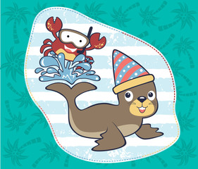 cute animals circus, seal and crab on coconut tree background pattern, vector cartoon illustration