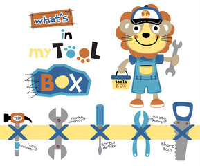 Lion the funny mechanic with its tools, vector cartoon illustration