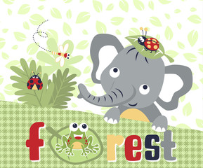 elephant and its little friends, frog, ladybugs, dragonfly, on leaves background pattern. vector cartoon illustration