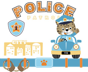 police cat on patrol car with, vector cartoon illustration