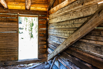 Independence Pass mining townsite wooden cabin interior in White River National Forest in Colorado