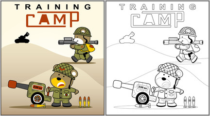 military training camp with funny animals soldier, playing war, vector cartoon illustration, coloring book or page