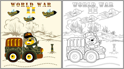 playing war with funny bear on military truck, coloring page or book, vector cartoon illustration