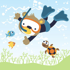 scuba dive cartoon with little bear, fishes, turtle