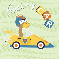 Obraz na płótnie Canvas funny racer cartoon, giraffe drive race car