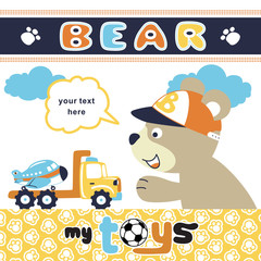 funny animals with its toys, bear playing time, vector cartoon
