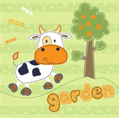 happy cow with a fruit tree on striped background, vector cartoon