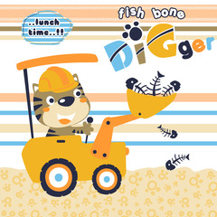 little cat drive a construction vehicle, collect fish bone, vector cartoon illustration