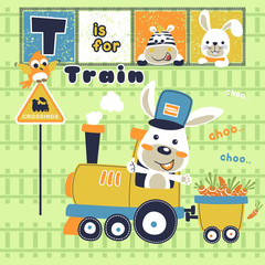 funny animals on steam train, rabbit with friends in carrots party, vector cartoon illustration
